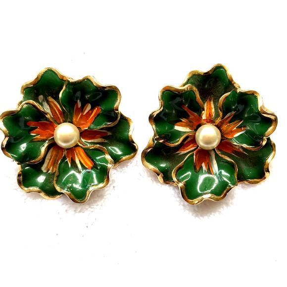 Coro Jewelry - Vintage Coro Flower Enamel Clip On Earrings Green Faux Pearl Gold Tone 60s Retro